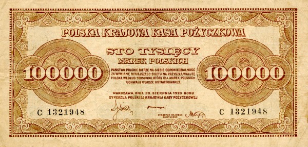 Polski banknot o nominale stu tysięcy marek, z roku 1923.